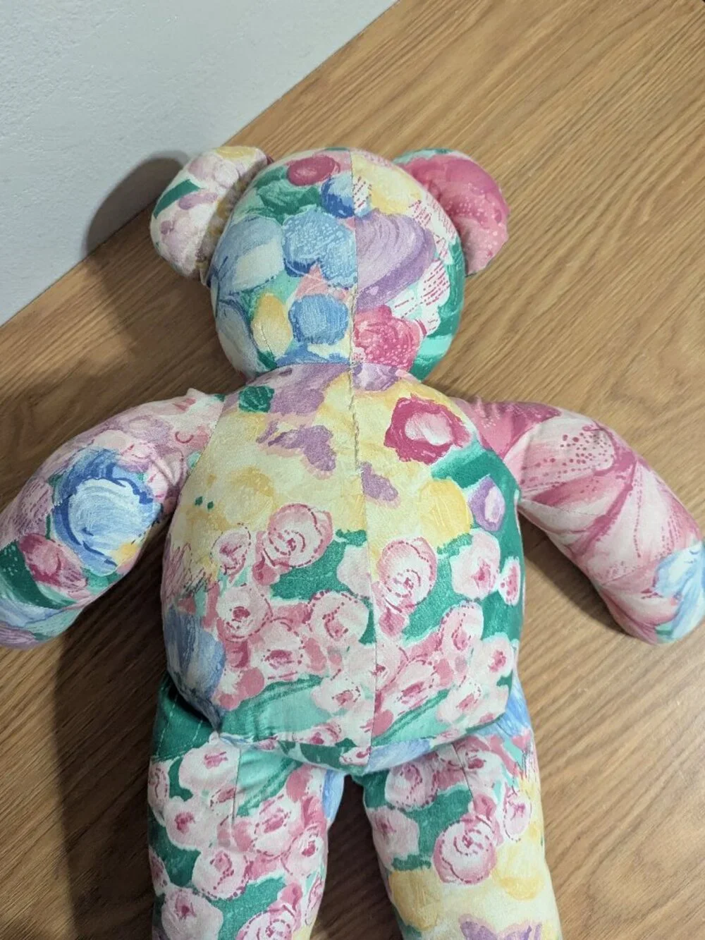 VINTAGE HANDMADE FLORAL FABRIC TEDDY BEAR
